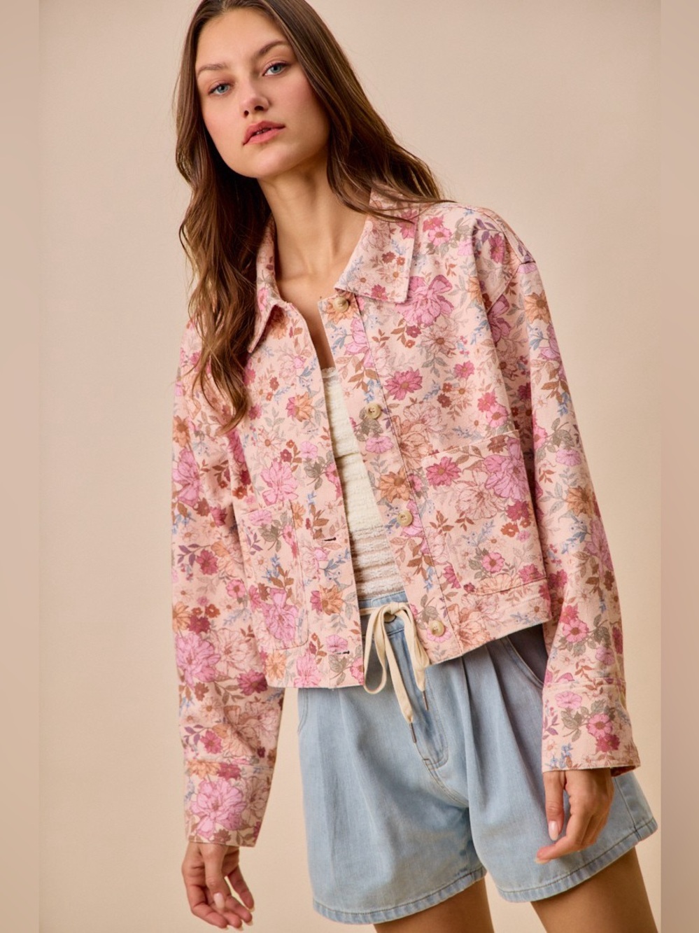 SO ME Floral Print Cotton Twill Button Down Barn Jacket - Picture 6 of 8